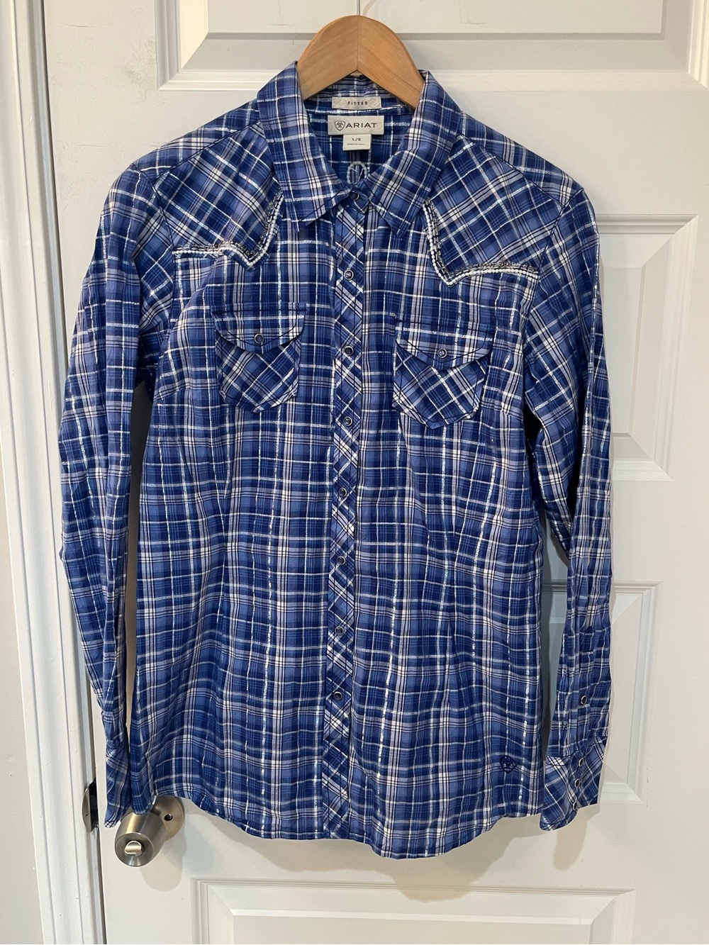 Ariat Womens Large Blue Plaid Western Pearl Snap Shirt Beaded Rhinestone Fitted